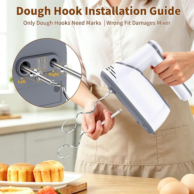 binROC Cordless Electric Hand Mixer, 12-Speed with Storage Case, White | Rechargeable, Eject Button, LED, Self-Stand, 6×304 Stainless Attachment, Overheat Protection, Quiet for Baking Dough Cake Egg