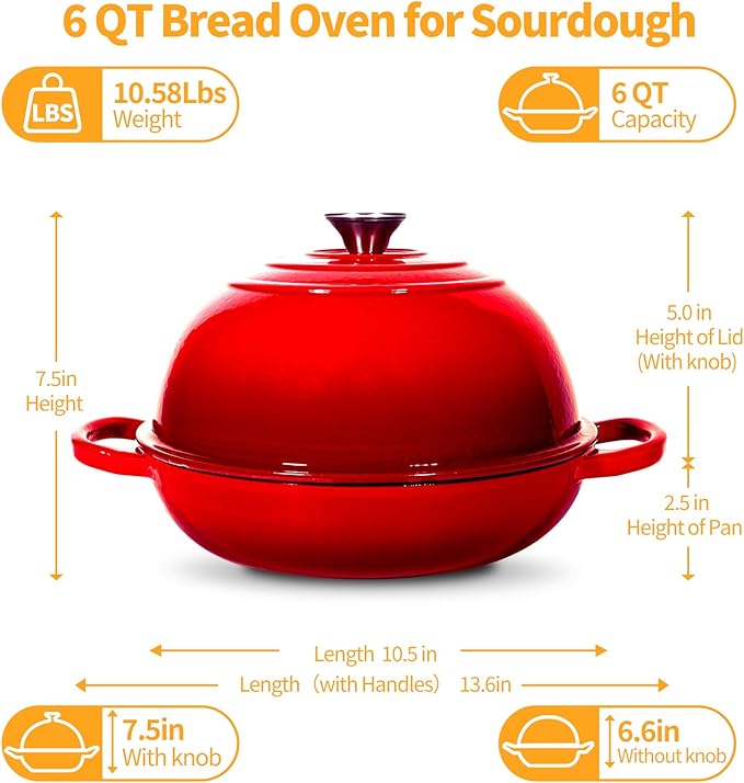 6QT Enameled Cast Red Iron Dutch Oven For Sourdough Bread Baking | Dutch Oven Pot With Lid,Non-stick Sourdough Baking Pan with Bread Dome,Round Ceramic Dutch Oven Pot for Homemade