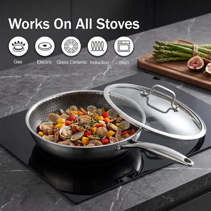 12 Inch Nonstick Stainless Steel Frying Pan with Lid Honeycomb | PFAS PFOA PTFE Free, Scratch-Proof & Metal Utensil Safe, All Cooktops Compatible, Oven & Dishwasher Safe Fajita Cooking Pan