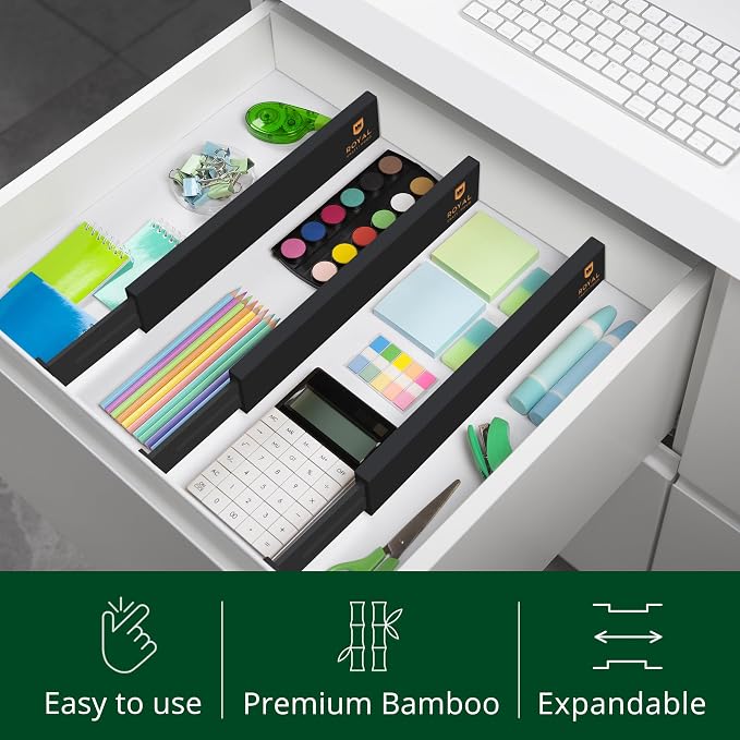 Bamboo Drawer Dividers Organizers, Adjustable Drawer Separator Splitters, 17–22 Inches Expandable Drawer Divider Organizer for Large Utensils, Kitchen, Bedroom, Dresser & Office Drawers 4-Pack, Black
