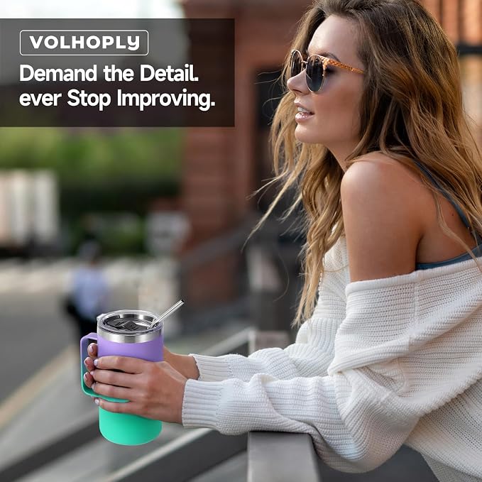 Volhoply 22oz Insulated Stainless Steel Coffee Mug with Leakproof Lid,Double Wall Vacuum Travel Coffee Cup with Handle,Reusable Metal Tumbler,Camping Mugs Keep Hot&Cold(Purple Green,1)