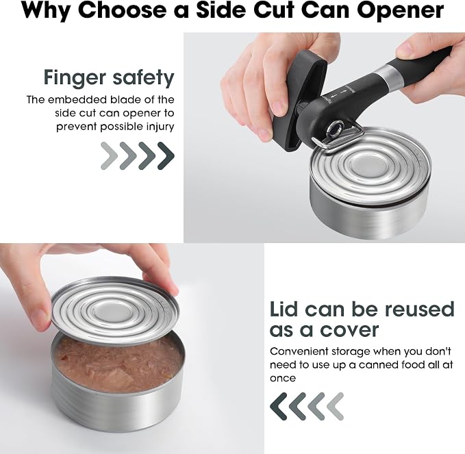 Beneno Can Opener, Manual Side Safe Cut Can Opener Smooth Edge, Black | Durable Sharp DC53 Steel Cutting Blade, Clean Cut with no Sharp Can Edges, Big Effort-Saving Knob, Comfortable Non-Slip Grip