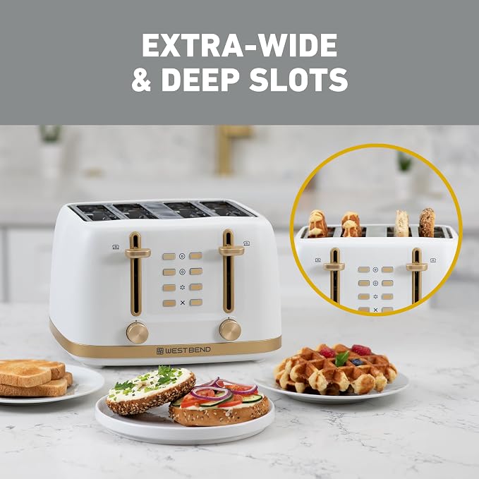 West Bend Timeless 4-Slice Toaster, Stainless Steel, in White Gold | West Bend Timeless 4-Slice Toaster, Bagel, Waffle, Defrost, High-Lift Lever, Stainless Steel, in White Gold