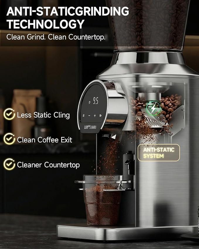 Conical Burr Coffee Grinder with 40mm Stainless Steel Burr, 34 Grind Settings & Anti-Static, Electric Espresso Grinder for Home Use –Perfect for Espresso, Drip Coffee, French Press & Cold Brew, Silver