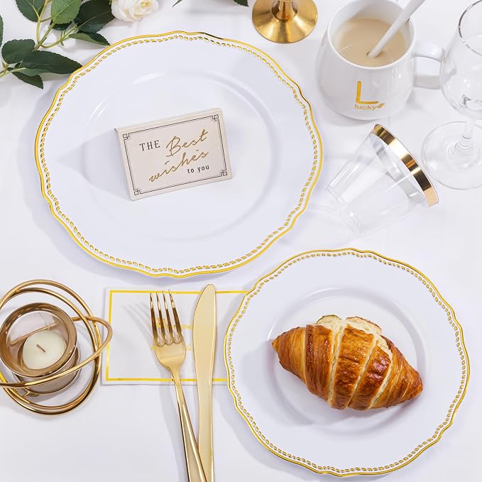175 Pcs White and Gold Plastic Plates Wedding & Party | Gold Plastic Dinnerware Set Includes 25 Dinner Plates, 25 Dessert Dinnerware, 25 Cups, 25 Rolled Napkin Cutlery