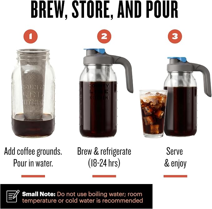 County Line Kitchen 64oz Cold Brew Coffee Maker with Leak Proof Lid - Gray | Glass Cold Brew Coffee Maker - Wide Mouth Mason Jar, Stainless Steel Filter & Leak-Proof Lid (64 oz)