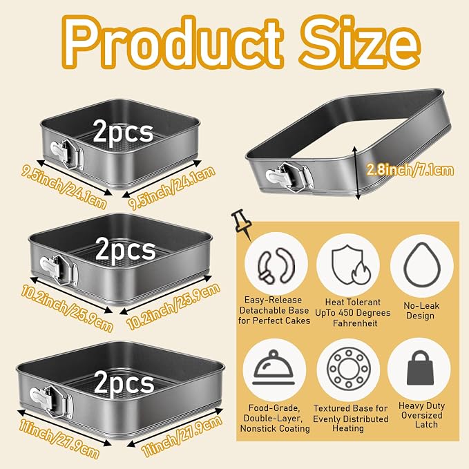 Springform Cake Pan Set of 6 (9.5, 10.2, 11 Inch 3 Sizes), Square, Nonstick | Leakproof Cheesecake Pans with Removable Bottom Carbon Steel Bakeware for Cheesecake Wedding Cake Pizza and Quiches
