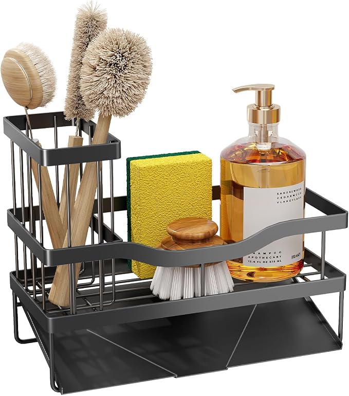 Sponge Holder for Kitchen Sink, Mecyfaty Sink Caddy with Self Drain Tray, Kitchen Sink Organizer, Stainless Steel Countertop Sink Sponge Holder for Dish Soap Kitchen Organizers and Storage Accessories