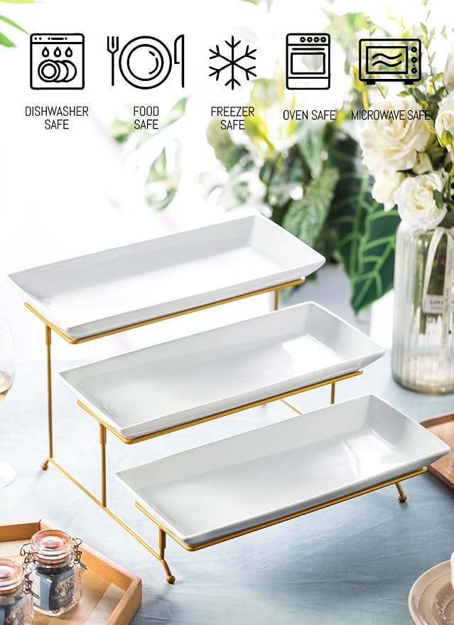 LYEOBOH 3 Tier Serving Stand and Platters Set Tiered Serving Tray for Party | 14 Inches Large Tiered Serving Platters with Collapsible Sturdier Rack for Appetizer Fruit, Dessert and Cupcake, White