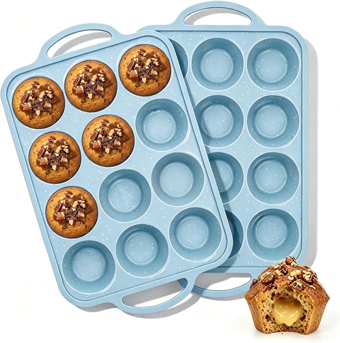 Silicone Muffin Pans for Baking, Metal Reinforced Frame 2.8''Silicone Molds | 2 Pcs, 2.8 Inch, with Handle, BPA Free, Nonstick, Oven Dishwasher Safe, Food-Grade Silicone, Heat-resistant: -104°F to 446°F