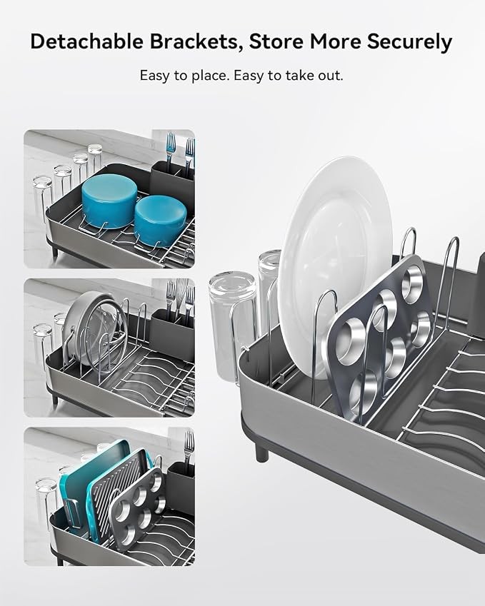 Expandable Dish Drying Rack, Versatile Brackets for Pots & Pans, Space Saving Kitchen Drying Rack, Dish Racks for Kitchen Counter, Stainless Steel Dish Drainers with Extendable Spout, Black