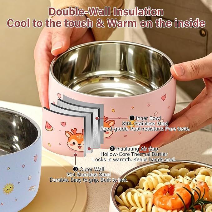 316 Stainless Steel Bowls for Kids 5 Inch - 33oz Toddler Bowls 2-Pack with Cute Animal Print, Non Toxic Dishwasher Safe Baby Bowls for Soup Dessert, BPA Free Unbreakable, Birthday Gift - Pink & Blue