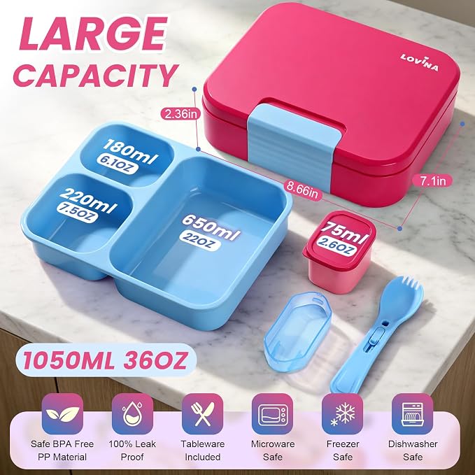Bento Lunch Box Set For Kids Adult With Thermo Bag, Leak-Proof, BPA-Free | 36OZ Lunch Box Kids Kit, All-in-One Set With DIY Stickers Sauce Cup for Work, School, Camping(Hot Pink)