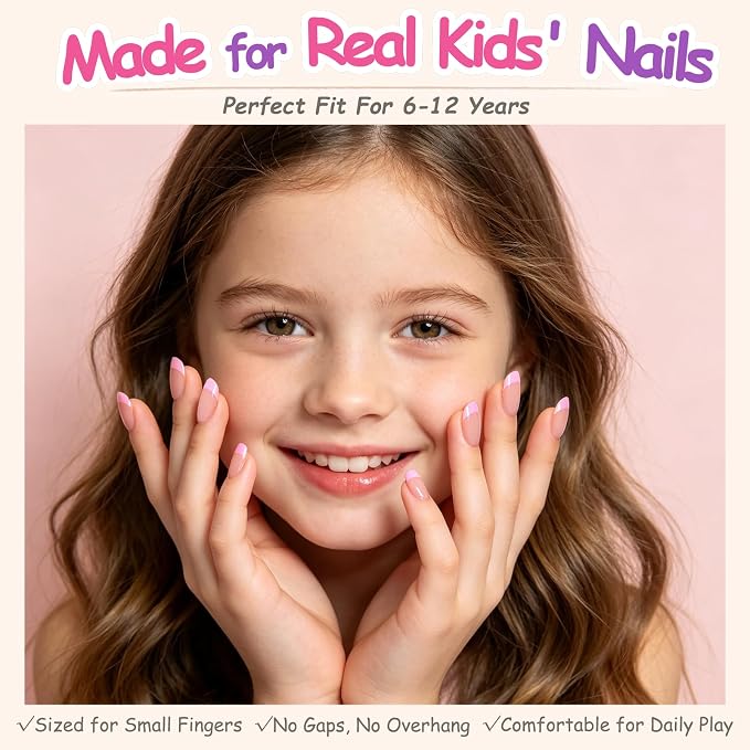 120Pcs Pink French Tip Press On Nails for Kids, 5 Pack Almond False Nails | Kids Press on Nails for 8-12, Non-Toxic, 12 Size, Fashion Nail Kit with Adhesive Tabs, Nail File, for Every Outfit
