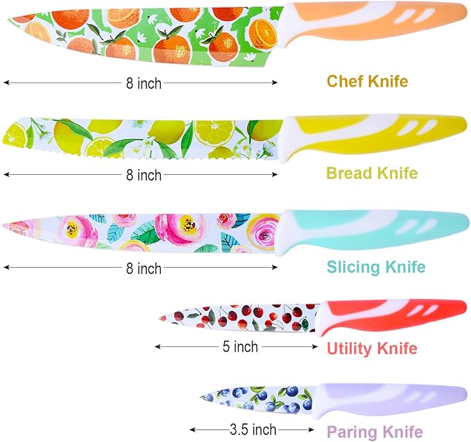 UPTRUST 10-piece Stainless Steel Kitchen Knife Set, Nonstick Coated with 5 Blade Guard, Multicolored Knives Set Gift for Mom