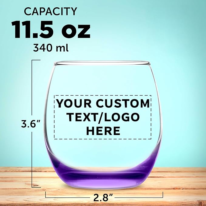 Custom Mikonos Stemless Wine Glasses 11.5 oz. Set of 10/50/100, Personalized Bulk Pack - Restaurant Glassware, Perfect for Red Wine, White Wine, Cocktails - Purple