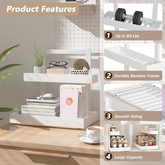 Bamboo Under Sink Storage 2 Tier Pull Out Cabinet Organizer Slide Out Under Sink Storage Shelf Undersink Organizers Shelves for Kitchen Bathroom Organization (White, 2 Packs)