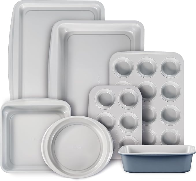 CAROTE 7-Piece Baking Pans Set, Nonstick Bakeware Sets, Gray & Blue | Cookie Sheets, Muffin, Bread, Cake, Loaf, Roasting Pan, Easy-Release, Oven Safe Up to 446°F, PFAS-Free, Stackable, Home, Gift