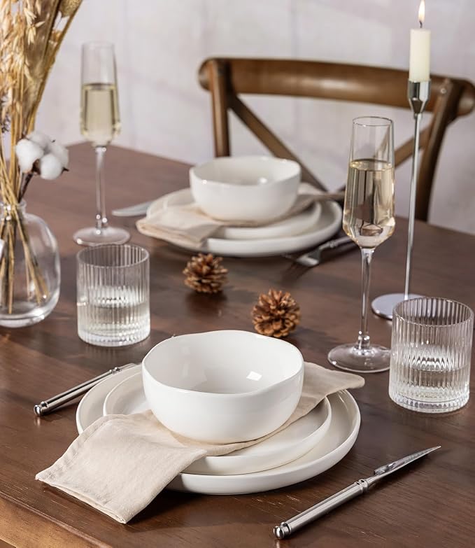 Ceramic Dinnerware Set for 4, 12-Piece Plates and Bowls Set | Handmade Reactive Glaze Dish Set, Scratch Resistant, Oven & Microwave & Dishwasher Safe, White Speckled