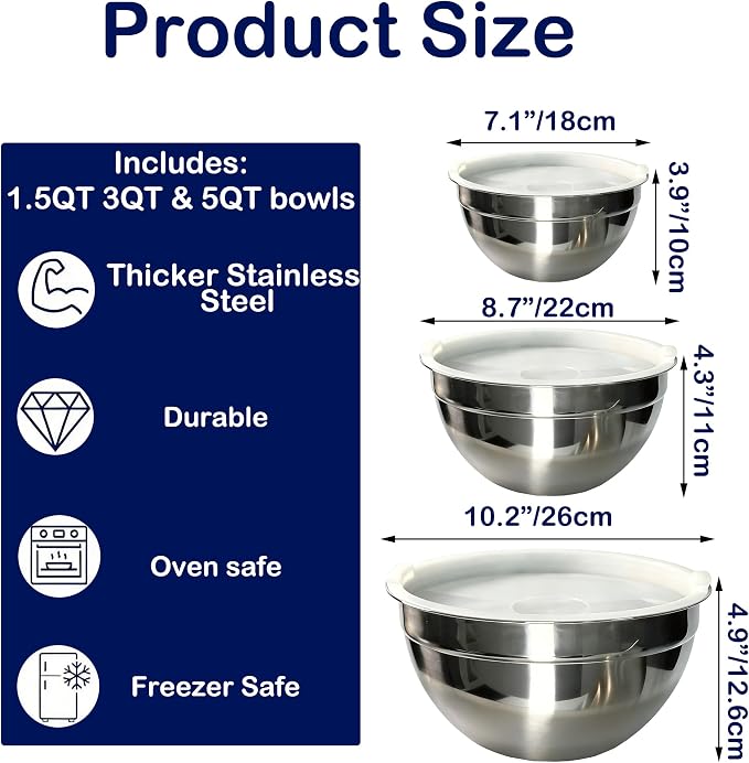 Stainless Steel Mixing Bowls With Lid, Metal Nesting Mixing Bowl Set Of 3 | Prep Bowls For Food Prep, Cooking, Baking, Serving, Storage, Dishwasher Safe, Metal Bowls with Lids for 1.5/3/5 Qt, Silver
