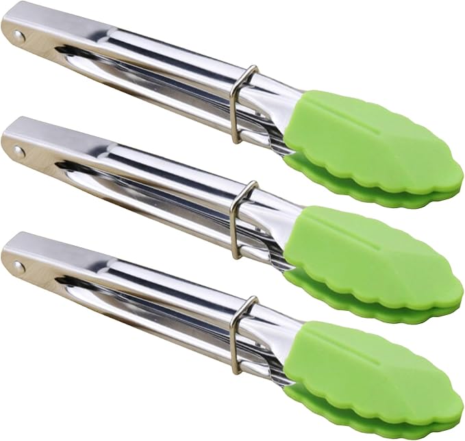 HINMAY 7" Mini Tongs with Silicone Tips, Set of 3 (Green) | 7 Inches Silicone Cooking Tongs