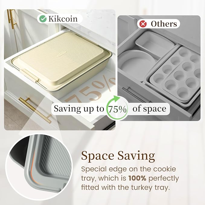 Kikcoin 25-Piece Nonstick Baking Pans Set with Large Turkey Roasting Pan, Stackable Bakeware Set, 450°F Oven Safe Baking Sheet Set with Silicone Handles, Carbon Steel Cookie Sheets for Baking, Cream