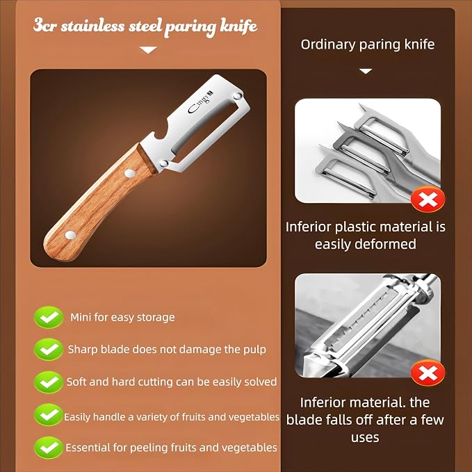 Vegetable Peeler Wooden Handle Sharp Stainless Steel Blade for Fruit | 2-in-1 Multifunctional Peeler,Anti-slip,Zero Snag,Built-in Bottle Opener,Peelers for Kitchen Veggie Potato Pumpkin Apple