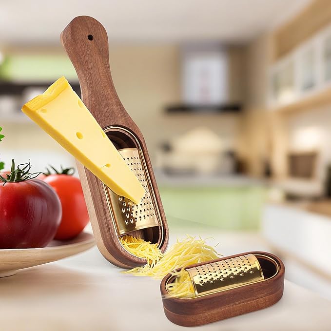 Box Cheese Grater With Container Stainless Steel Parmesan Cheese Grater With Wood Handle Shredder Zester Grater Box Kitchen Handheld Cheese Spoon Grater-Gold Colour (With Handle)