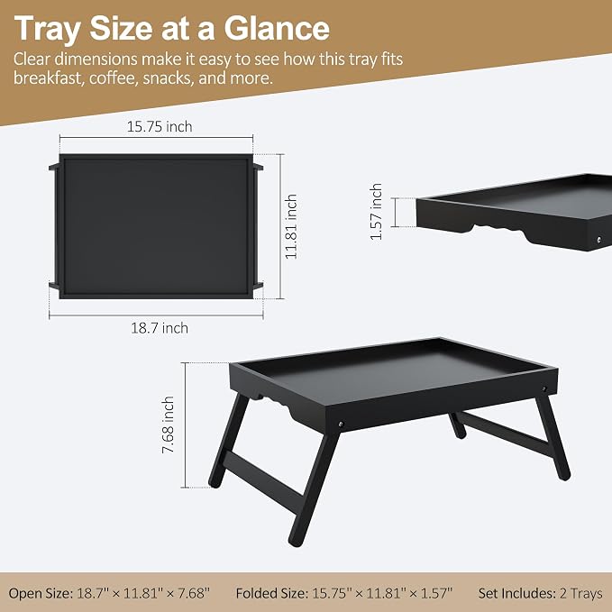 Bamboo Breakfast Trays with Folding Legs, Medium, 2-Pack, Black | Set of 2 bamboo bed trays with folding legs and wave handles for meals, laptops and serving in bed or on sofa.