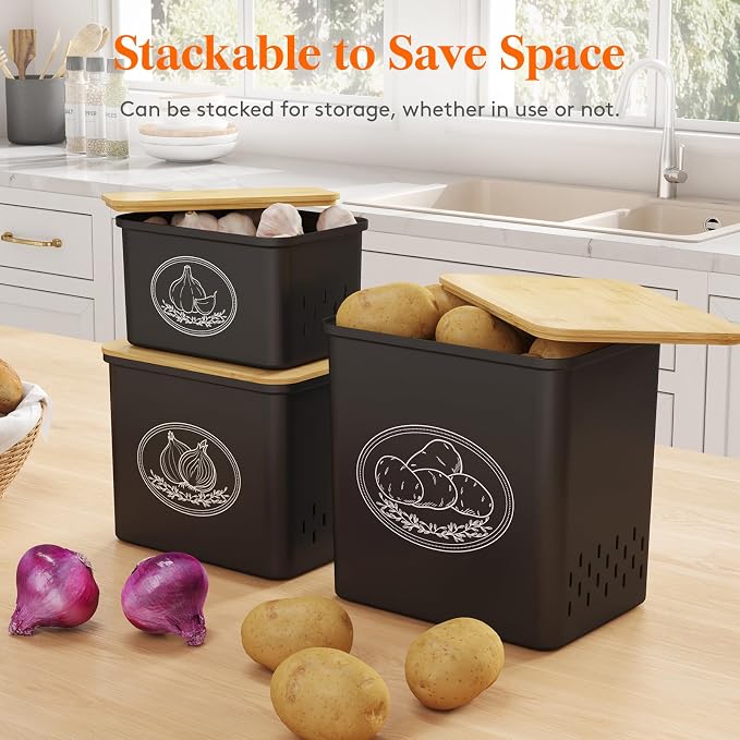 Lifewit Plastic Potato and Onion Storage Bin Box, Set of 3, Black | Stackable Garlic Keeper, Vegetable Container Box, Aerating Holes & Lid for Pantry Countertop