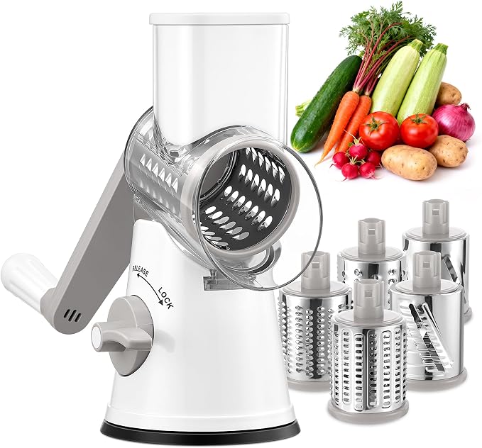 GDL Upgraded 5 in 1 Rotary Cheese Grater, Cheese Shredder Vegetable Slicer | 5 Stainless Steel Blades, Non-slip suction base, No BPA, Dishwasher Safe, Wavy Slicing, 12x Faster for Veggie, nut, ice