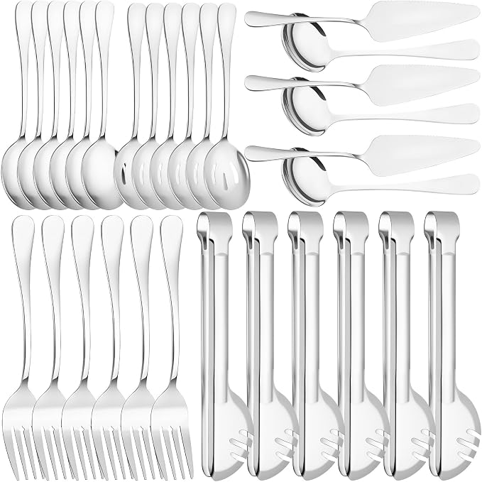 30 Pcs Silver Serving Utensils Set Include Stainless Steel Large Serving Spoons Slotted Spoons Forks Soup Ladle Pie Server - Metal Utensils for Parties Buffet Catering, Dishwasher Safe