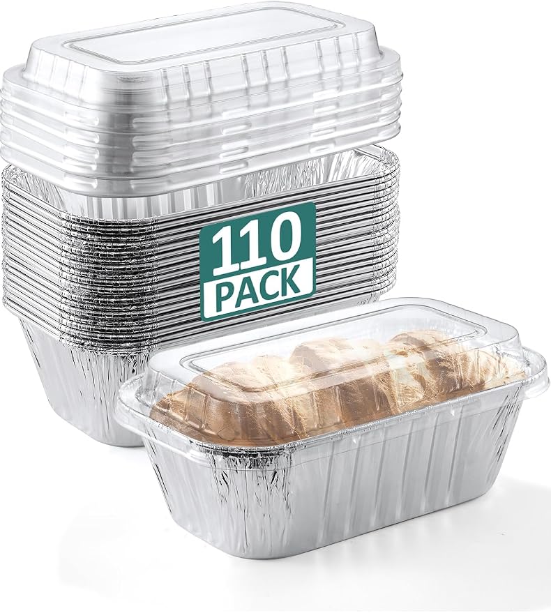 NEEBAKE 110 Pack 6x3.5x2 Disposable Aluminum Loaf Pans with Lids - 1 Lb Mini Loaf Pans, Small Aluminum Tin Foil Baking Pan, Food Containers for Baking, Cakes, Bread, Meat, Loaves