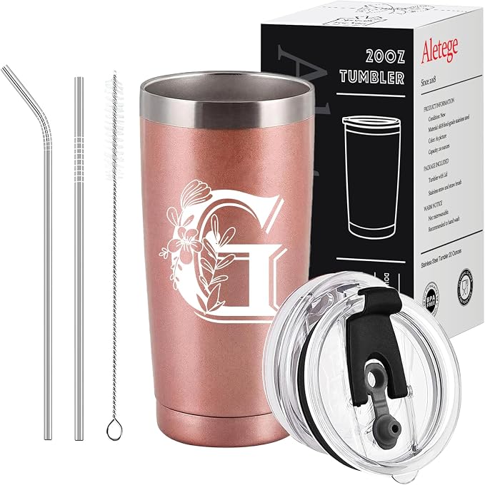 Letter G Insulated Travel Cup with Lid, Personalized Initial Mugs for Women, Letter G Gift Coffee Mugs for Women, Wife, Mom, Grandma, Bridal Shower Gifts, 20 OZ Rose Gold Two Lids
