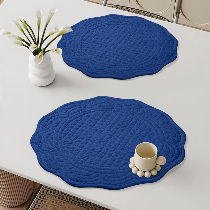 6 PC Quilted Placemats, 14" Extra Large Cotton Placemats Set of 6, 100% Cotton Fabric Washable Cloth Table Mats for Kitchen & Dining Table - Soft &Easy Clean(Sapphire Blue, Round)