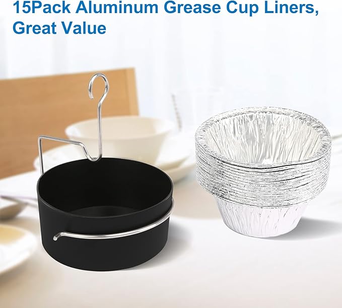Uniflasy Grill Grease Tray Cup and Grease Clip fits CharBroil/Kenmore Gas Grill, Grease Tray with Aluminum Foil Liner (15Pack), Grease Catch Cup for Masterbuilt 30" & 40", Kenmore and More Grills