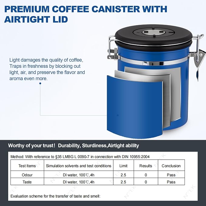 ShanSon Coffee Canister Airtight, Stainless Steel Bean Storage Container with Date Tracker & Scoop, Grounds Sugar Flour Tea Cereal Fits Kitchen Pantry, Ideal Gift for Coffee Lovers,16oz,Blue
