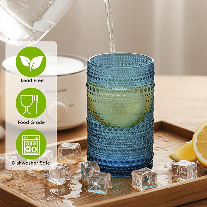 Moretoes 12 Oz Vintage Hobnail Drinking Glasses Set of 6 | Blue Highball Glasses Clear Embossed Boho Water Glass Cups Kitchen Bar Tumbler Glassware Set for Whiskey, Beer, Juice, Milk