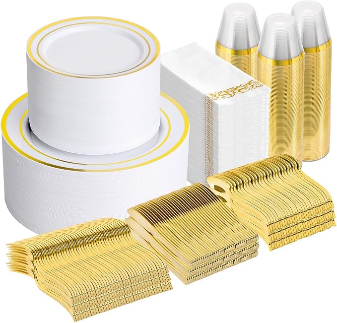 875 Piece Gold Dinnerware Set for 125 Guests, Bulk Dinnerware | Include: 125 Gold Rim Dinner Plates, 125 Dessert Plates, 125 Paper Napkins, 125 Cups, 125 Plastic Silverware Sets for Party