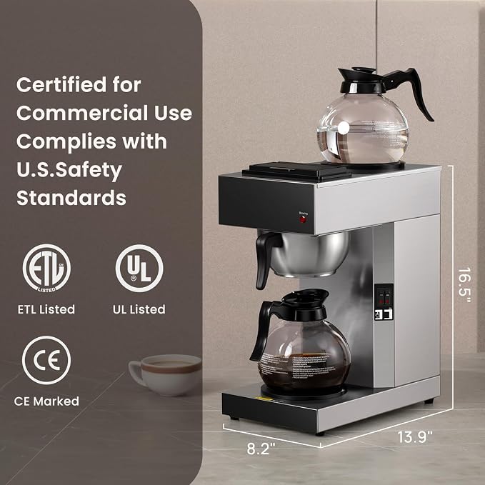 SYBO 12-Cup Commercial Pour Over Coffee Maker SF-CB-2GA | ETL Certified, Stainless Steel, Reusable Brew Basket, Spray Head, Fast Brewing, 2 Glass Carafe Included