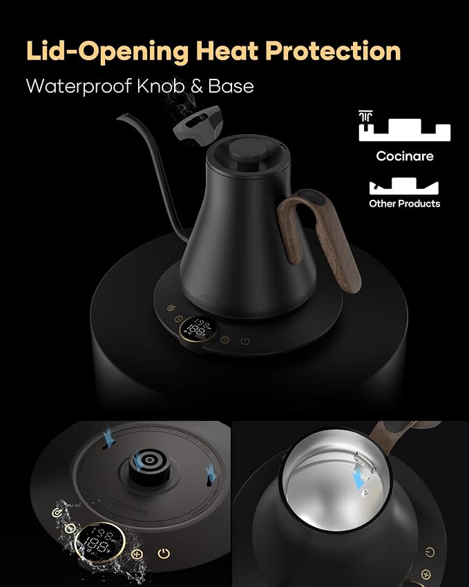 Cocinare Gooseneck Electric Kettle, ±1°F Precise Temperature Control, 1500W Fast Heating, Pour Over Coffee & Tea Kettle with Brew Timer & Keep Warm, Stainless Steel, 0.9L (Goya Walnut)