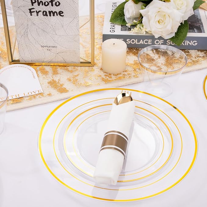DaYammi 350PCS Clear Gold Plastic Dinnerware Set for 50 Guests Gold Plates Disposable Include: 50 Dinner Plates, 50 Dessert Plates,50 Pre Rolled Napkins with Gold Silverware,50 Cups for Party Wedding