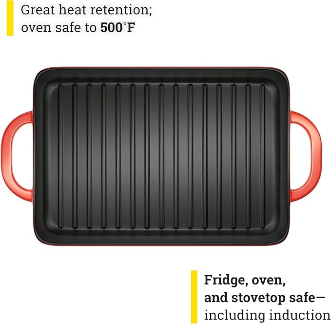 Lodge 12.5 x 8 Inch Enamel Cast Iron Grill Pan - Dual Assist Handles - Use in the Oven, on the Stove, on the Grill, or Over a Campfire - Red