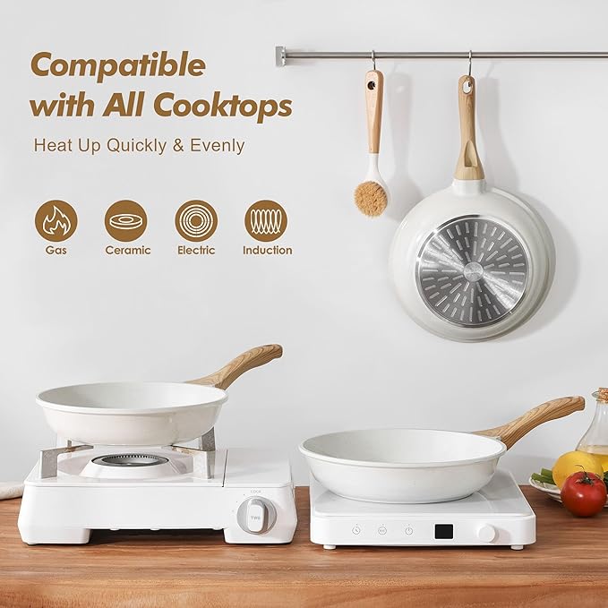 SENSARTE Ceramic Nonstick Frying Pan Skillets, White(10+12 Inch) | Healthy ceramic nontoxic coating, PTFE & PFAS free. Compatible with all stoves including induction cooktops. Easy to clean.