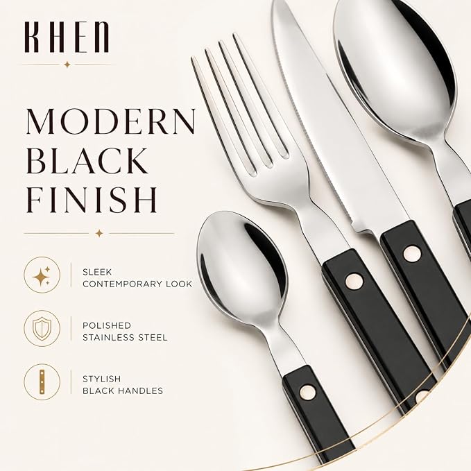 Cutlery 20-Piece Flatware Set, Stainless Steel Silverware - Black | 18/8 Stainless Steel | Dishwasher Safe | Ergonomic Handles | Lightweight Design | Service for 4 | Built for Daily Use