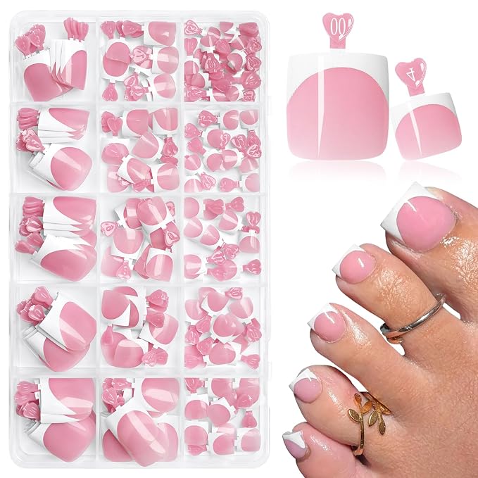 AddFavor 160pcs French Tip Toe Nail Press ons - Pink Press on Toenails for Women, Full Cover Toe Press on Nails with Adhesive Tabs, Fake Toenails Tips