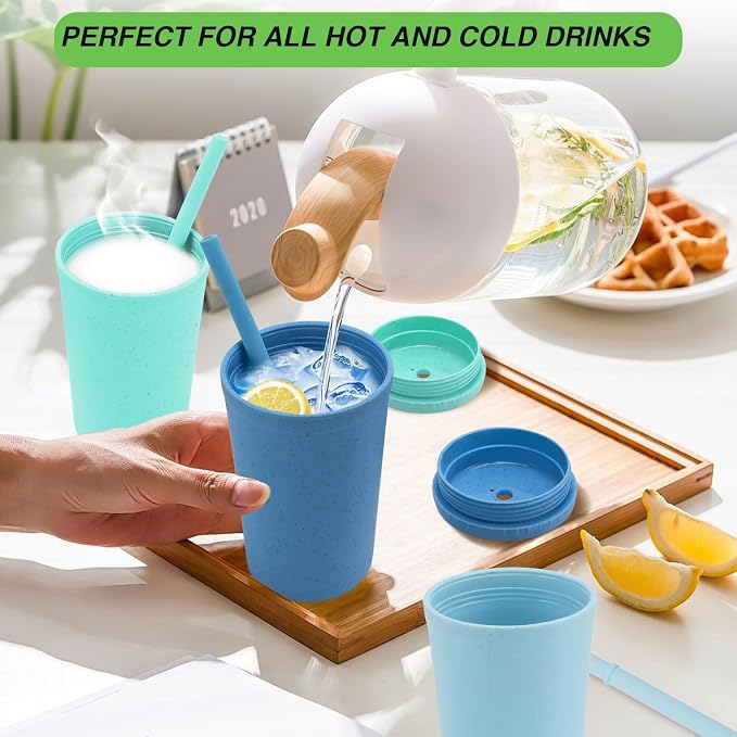 10 oz Wheat Straw Cups with Lids and Silicone Straws,6 Pcs Drinking Glasses | Unbreakable Plastic Cups for Kitchen, Small Tumbler Straw Cups with Cleaning Brush, BPA Free, Dishwasher & Microwave Safe
