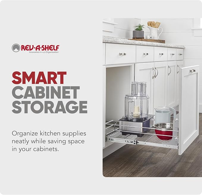 Rev-A-Shelf Steel Wire Pullout Drawer Organizer Shelf for Kitchen Cabinets, Slide Out Storage Basket, Min Opening Width of 20.5", 21" x 22", 5WB1-2122CR-1