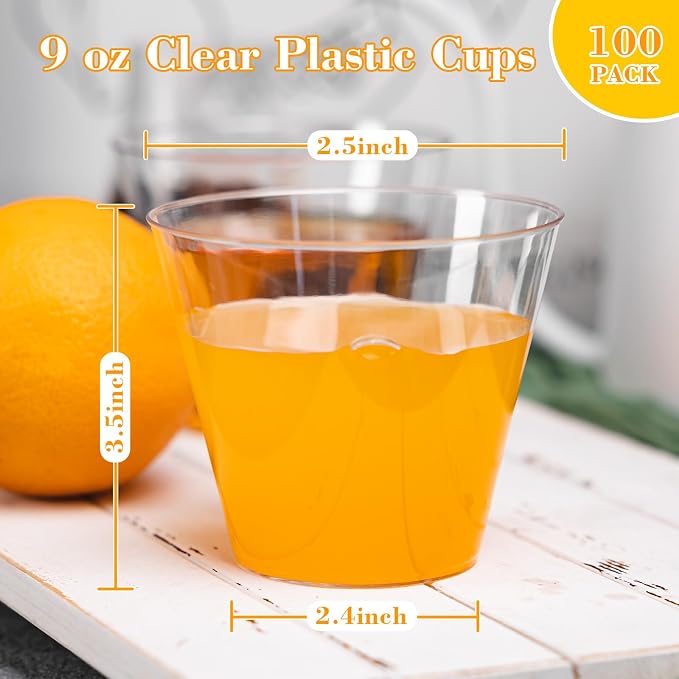 N9R 100 PCS 9 oz Clear Plastic Cups Disposable, Cocktail & Wine Glasses | Small Tumblers/Drinking Glasses, Heavy Duty, BPA-Free, for Parties, Weddings, Bars and Gatherings