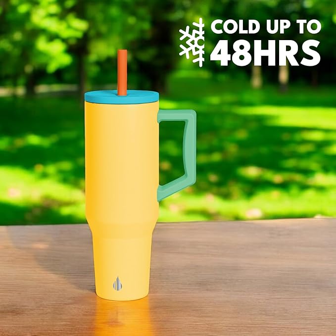Elemental Spill Proof 40oz Insulated Tumbler with Handle & Straw Travel Mug | Stainless Steel Commuter Travel Coffee Mug for Cold Beverages, Includes 2 Straws & a Spill Proof Lid for Everyday Use